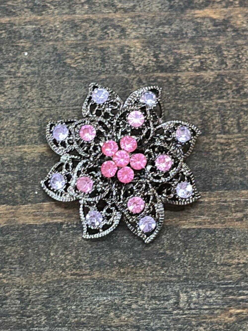 Vintage Pink Rhinestone Filigree Flower Brooch Pin Oxidized Silver 1.5"